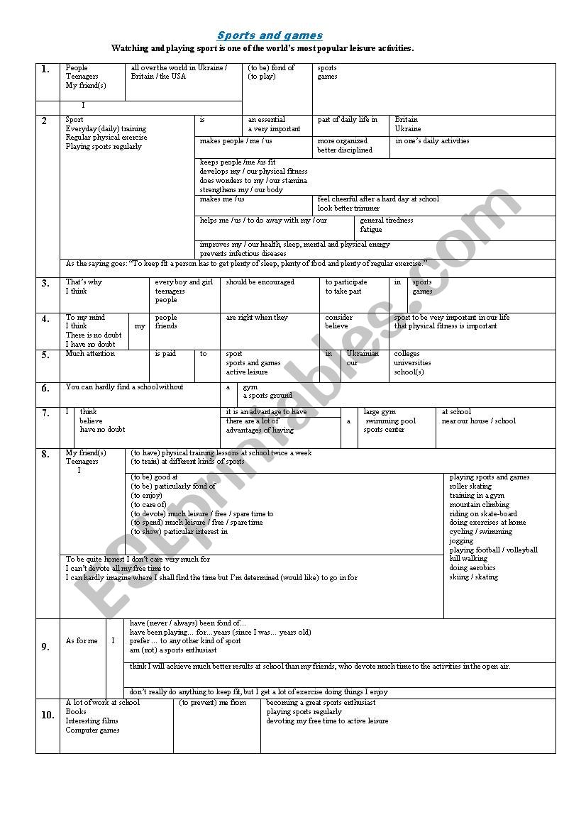 Sports and games worksheet