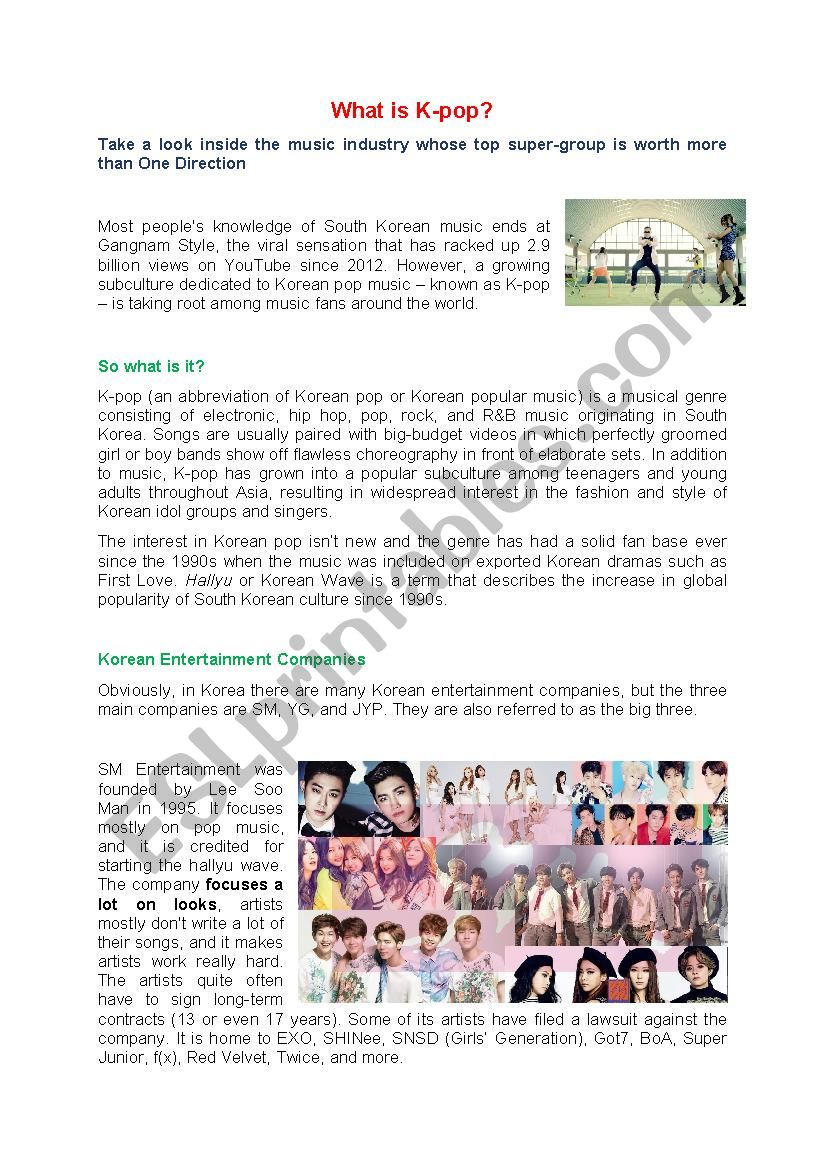 K-pop (pages 1, 2) worksheet