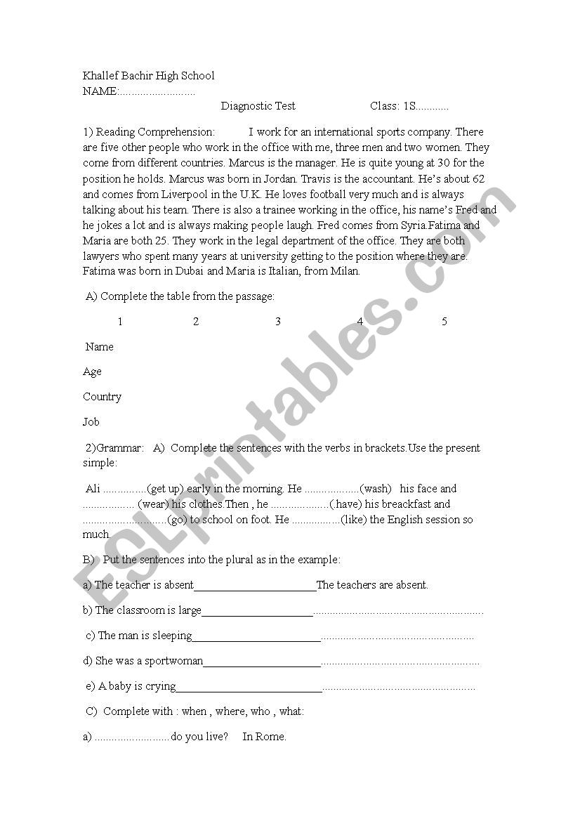 diagnostic test  worksheet
