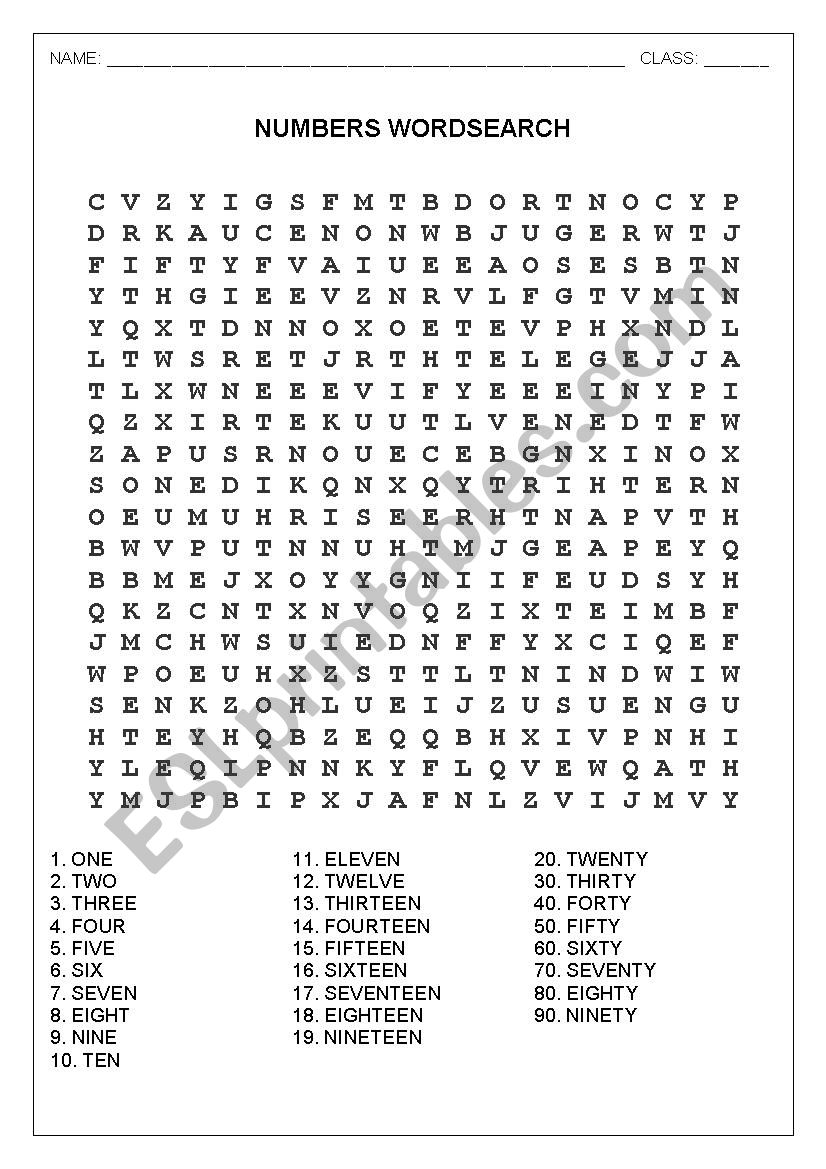 NUMBERS 1 TO 100 WORDSEARCH worksheet