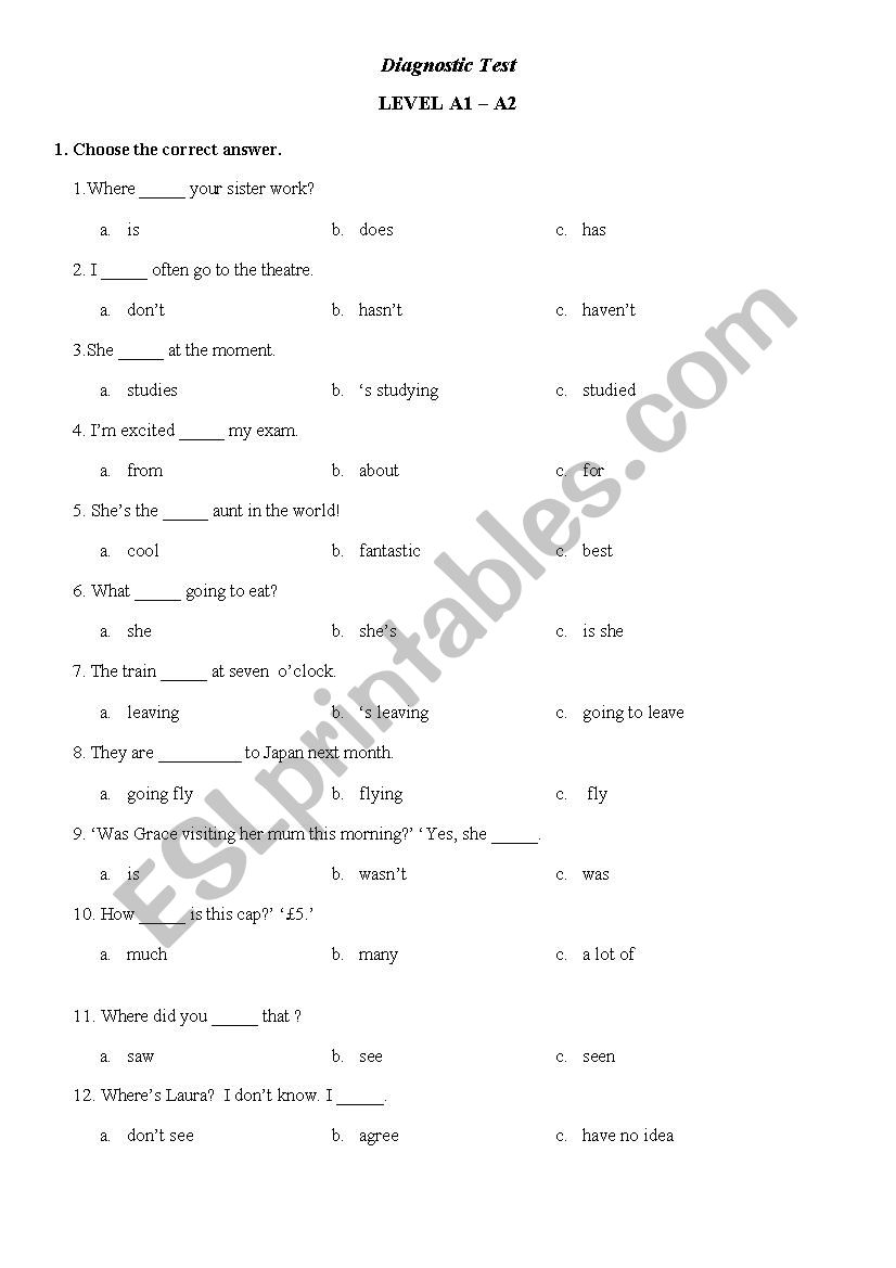 Diagnostic tests worksheet