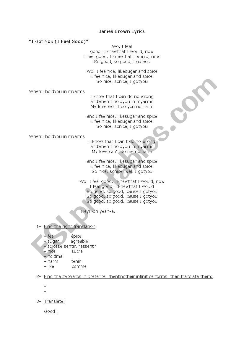 T feel good, James Brown worksheet