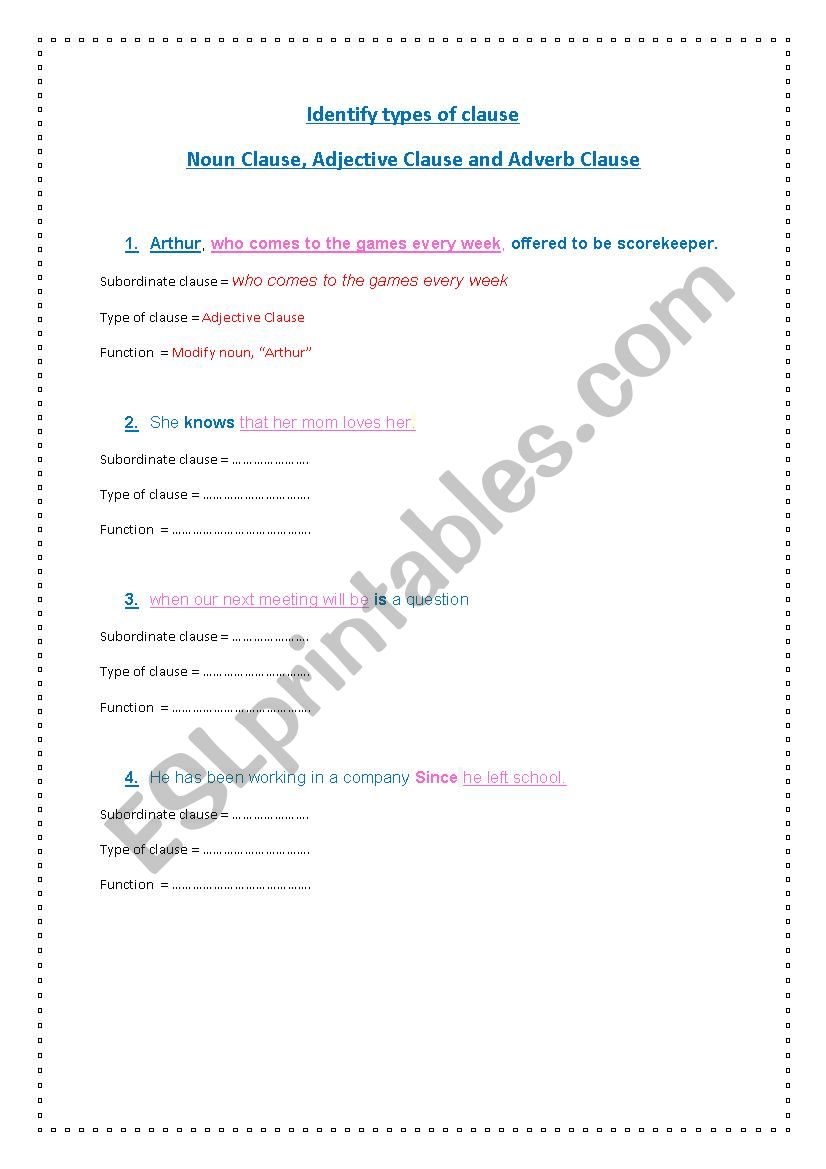 type of clause worksheet