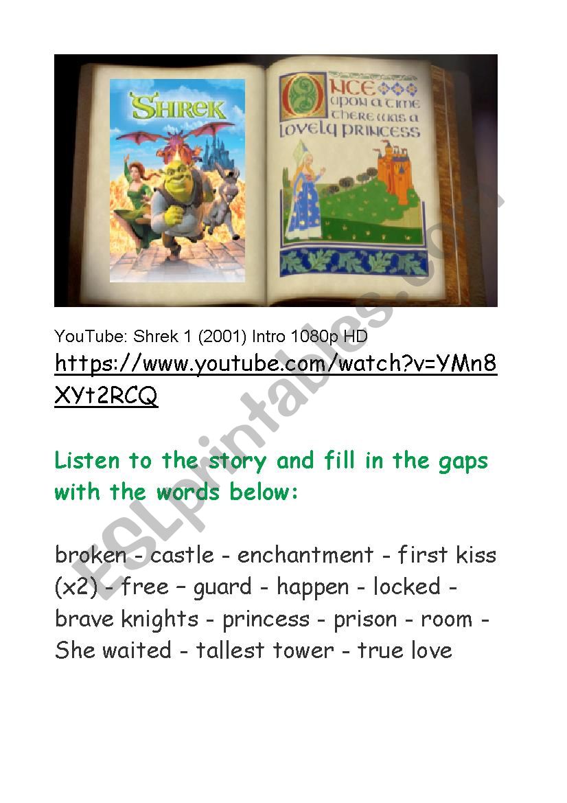 Shrek 1 Intro Gap Filling worksheet