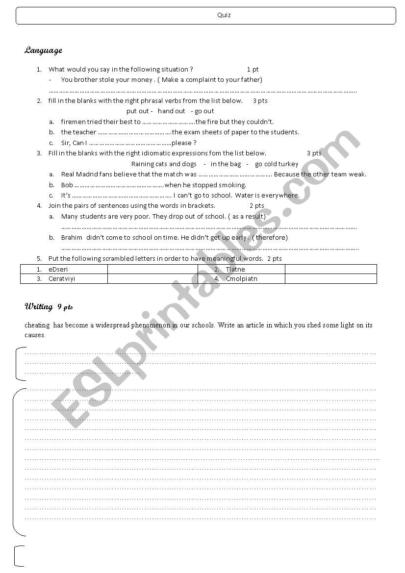 Continuous assessment worksheet