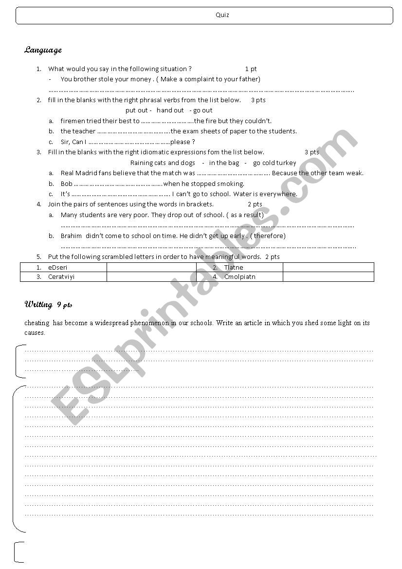 Continuous assessment worksheet