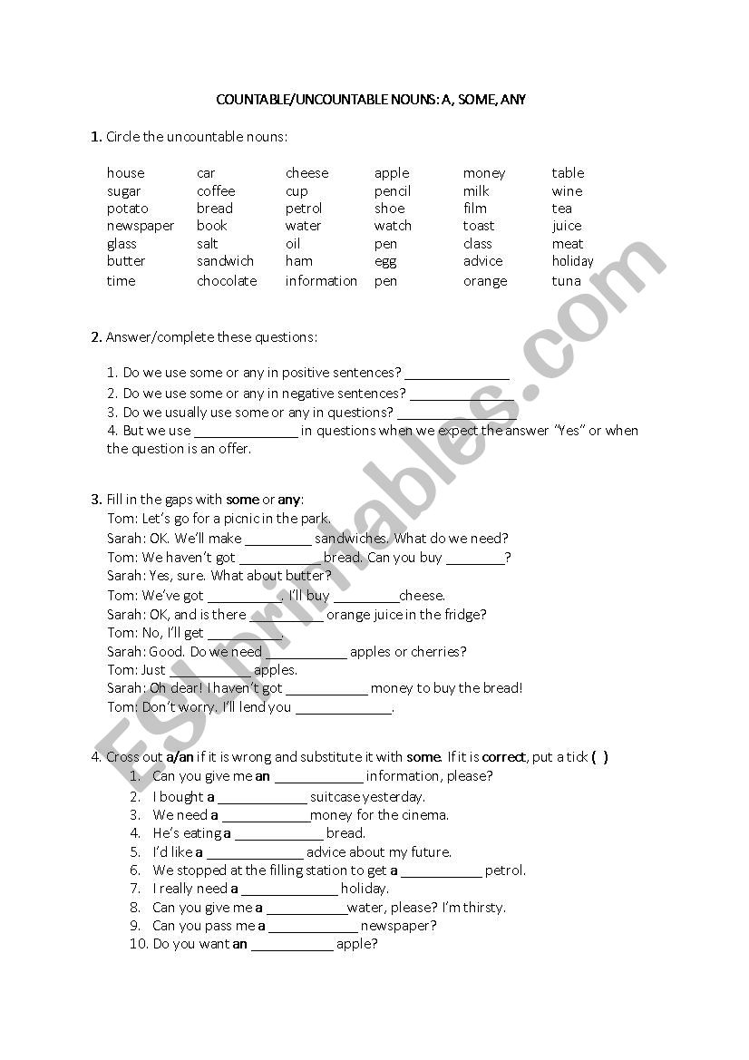 Countable and Uncountable worksheet