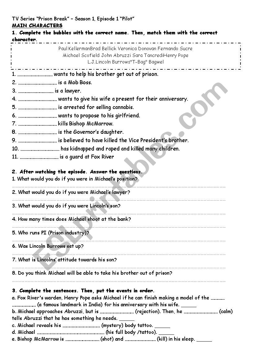 Prison Break - S01E01 - Pilot worksheet