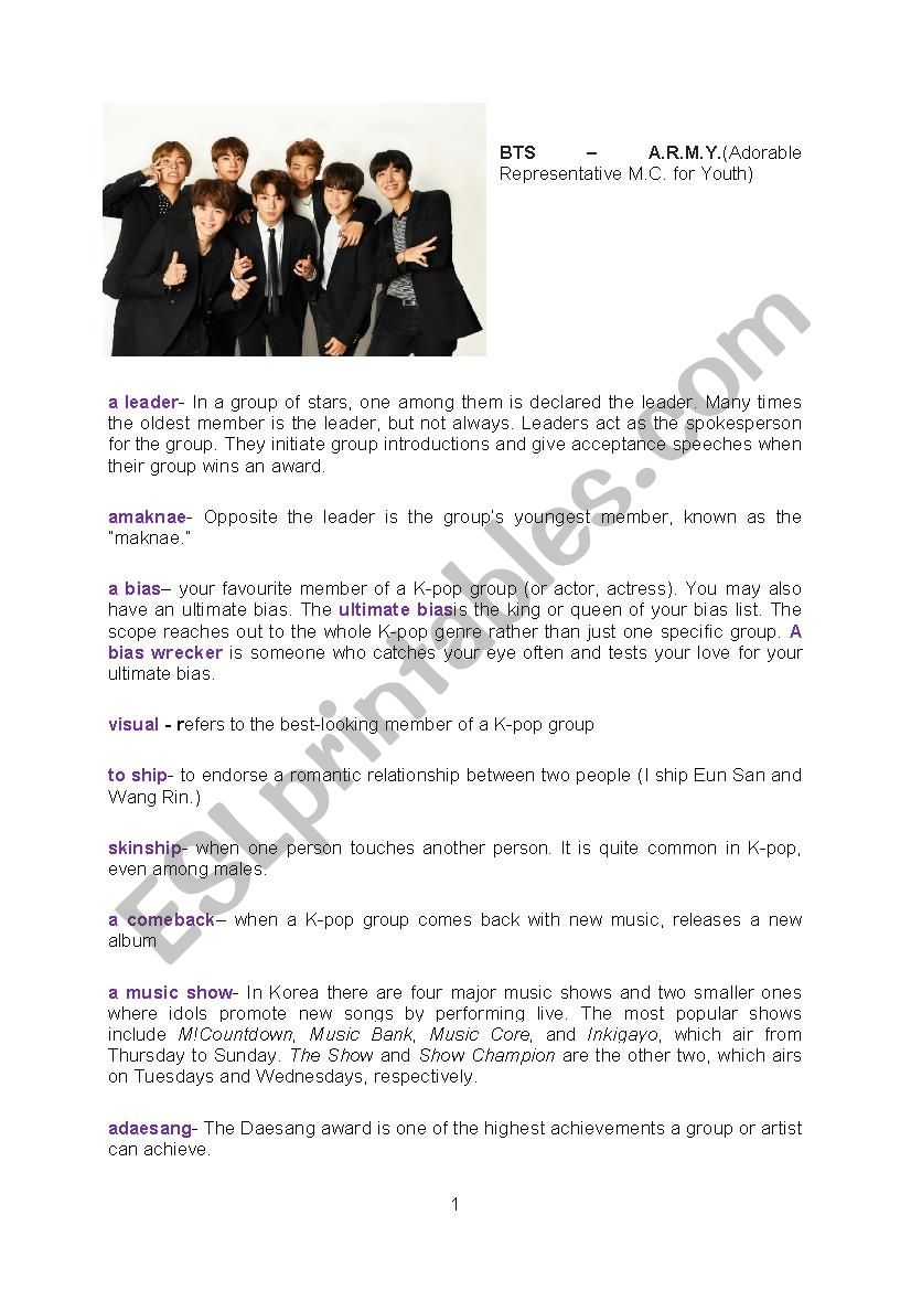K-pop (pages 7, 8) worksheet