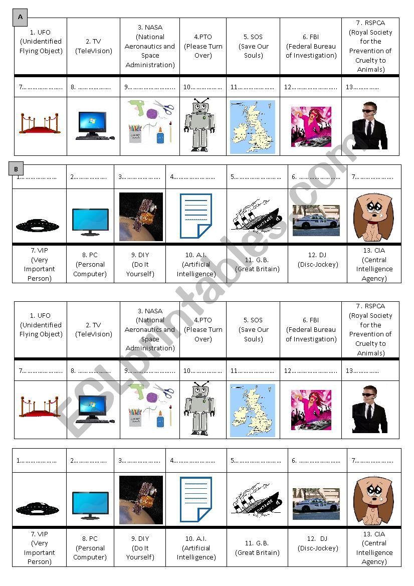 Acronyms / set of initials worksheet