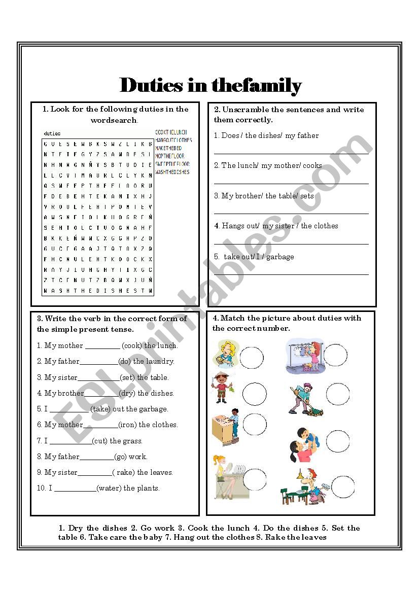 Duties in the family worksheet