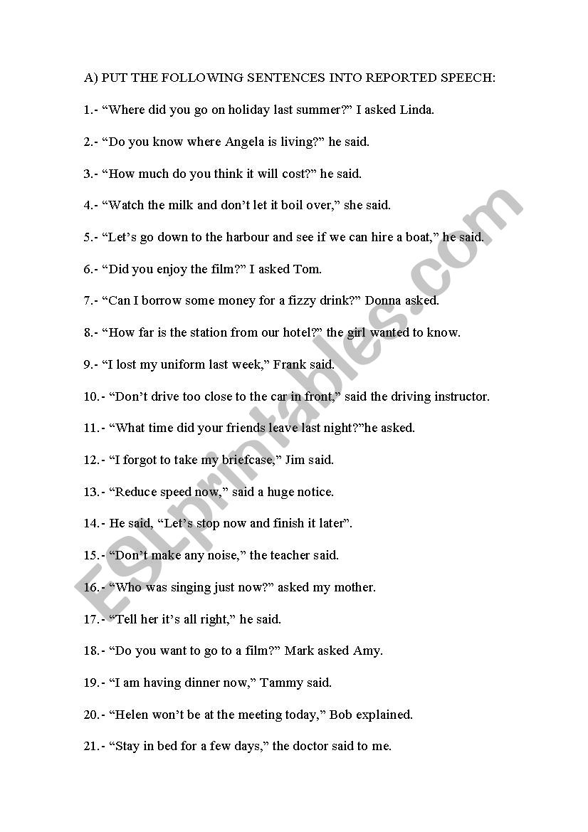 reported speech worksheet