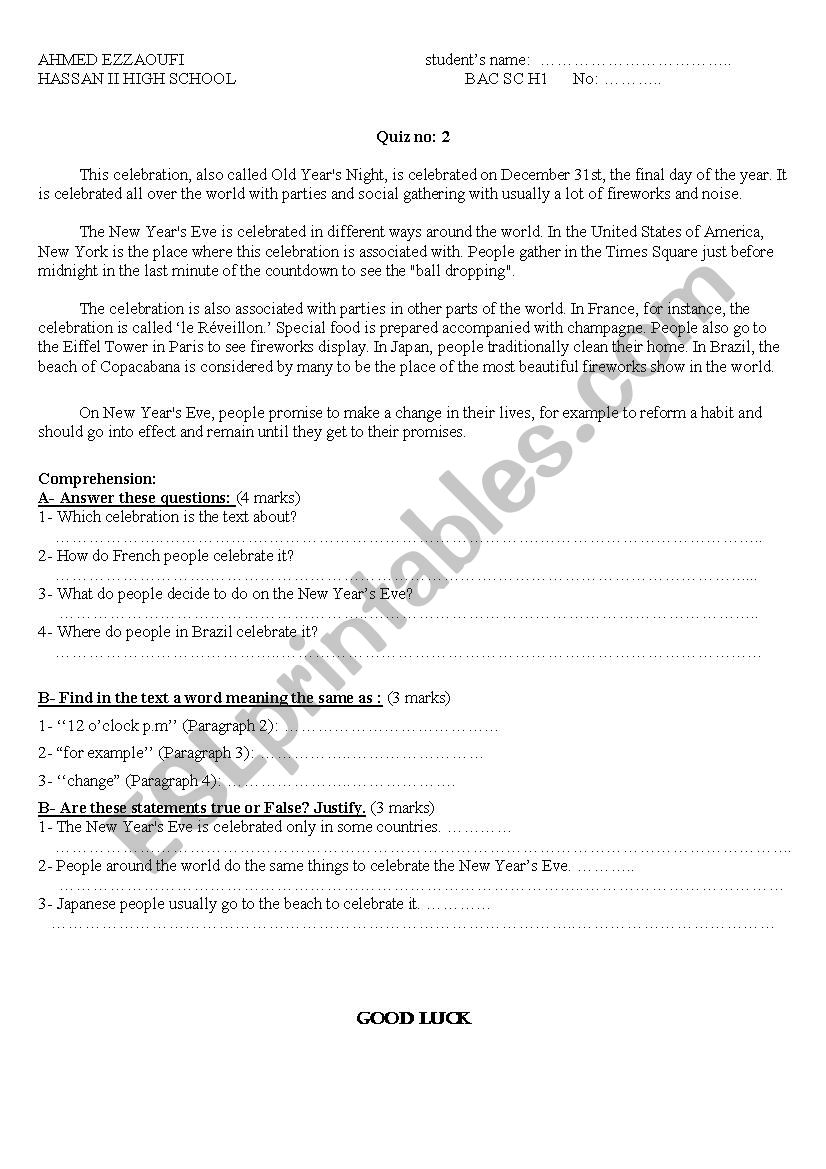 reading comprehension worksheet