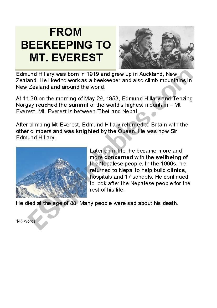 Sir Edmund Hillary worksheet