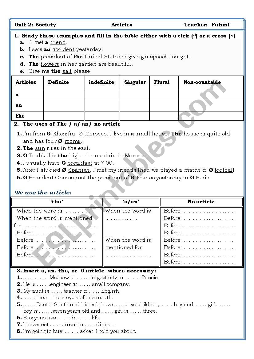 articles worksheet