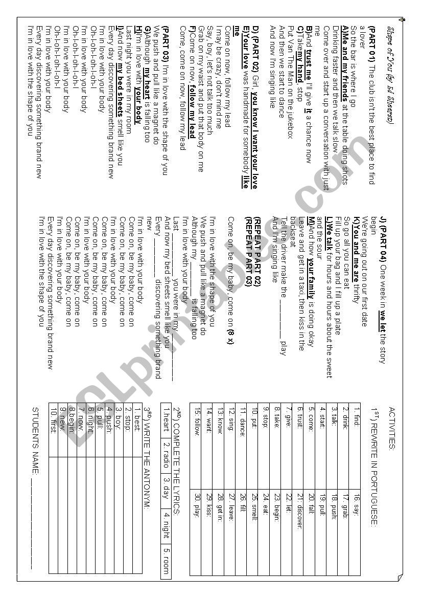 Shape of You worksheet