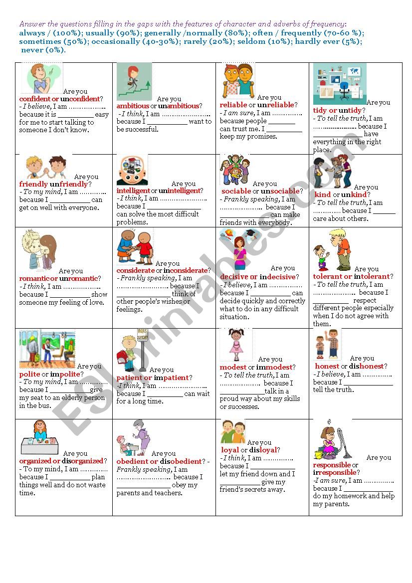 Features of character and adverbs of frequency