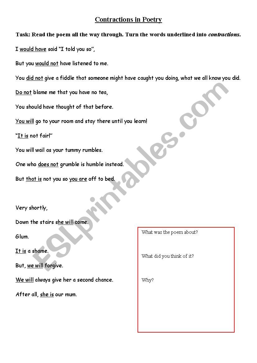 Contractions in poetry worksheet