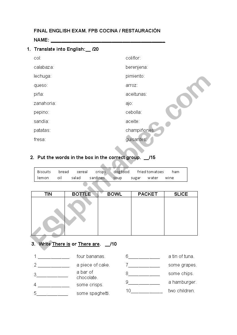 food worksheet