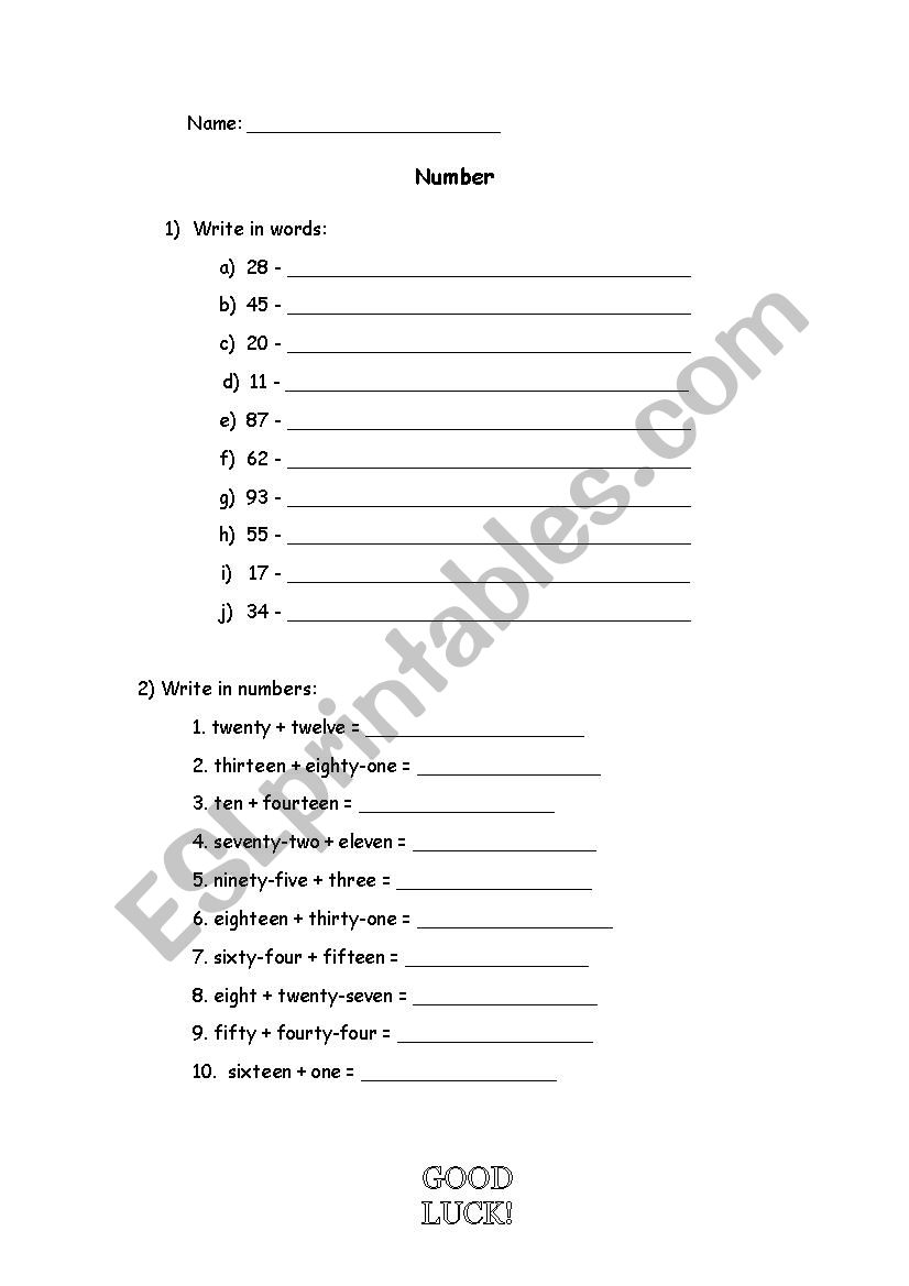 Numbers worksheet