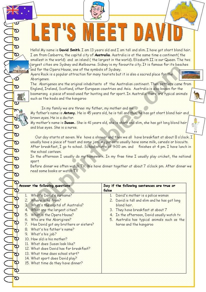 Lets meet David . Australia worksheet