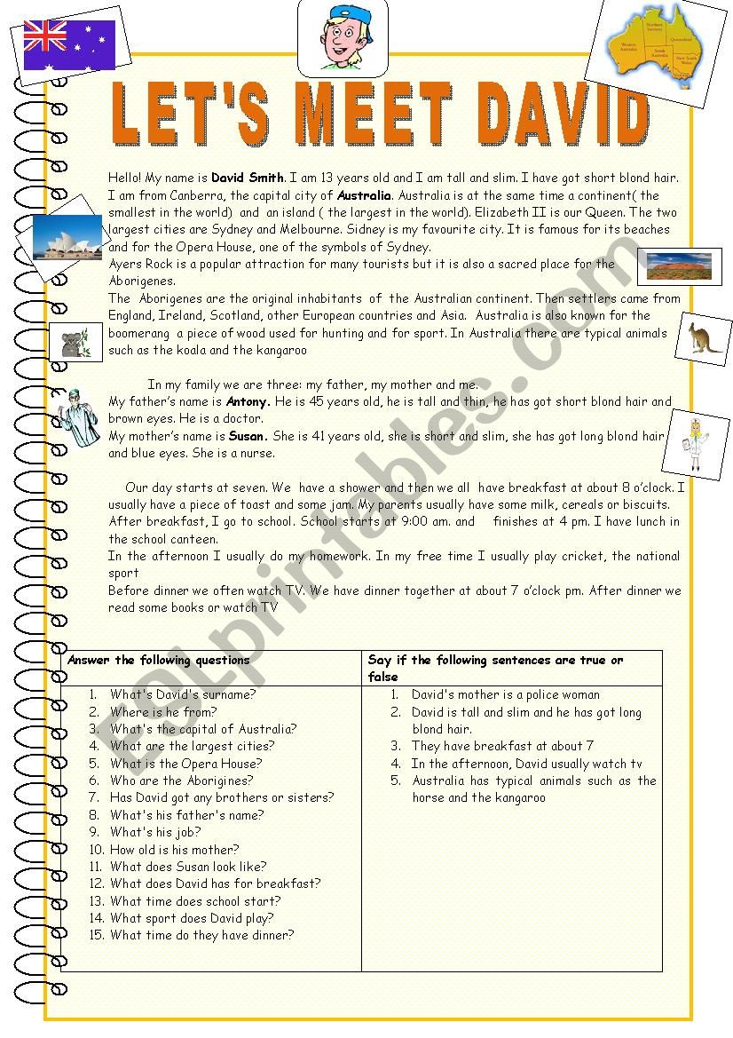LetÂ´s meet David . Australia worksheet