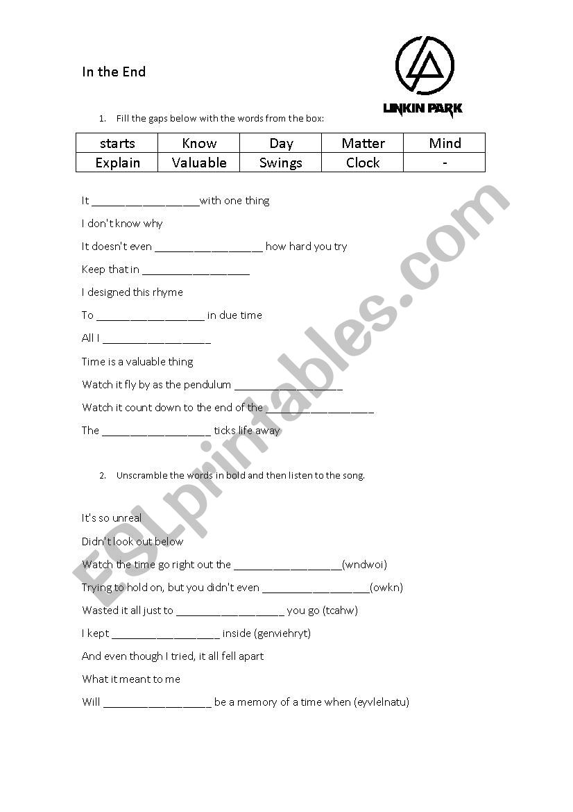 Numb - Song worksheet