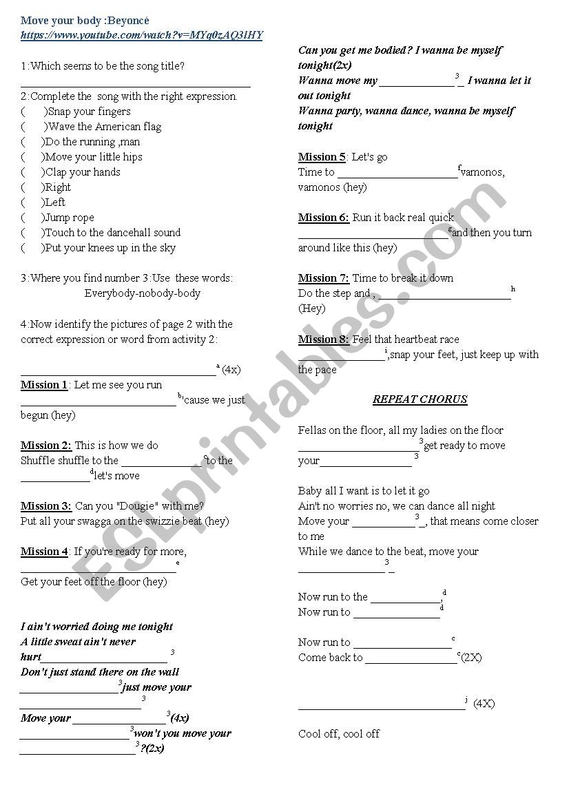 Move your body:Beyonc worksheet