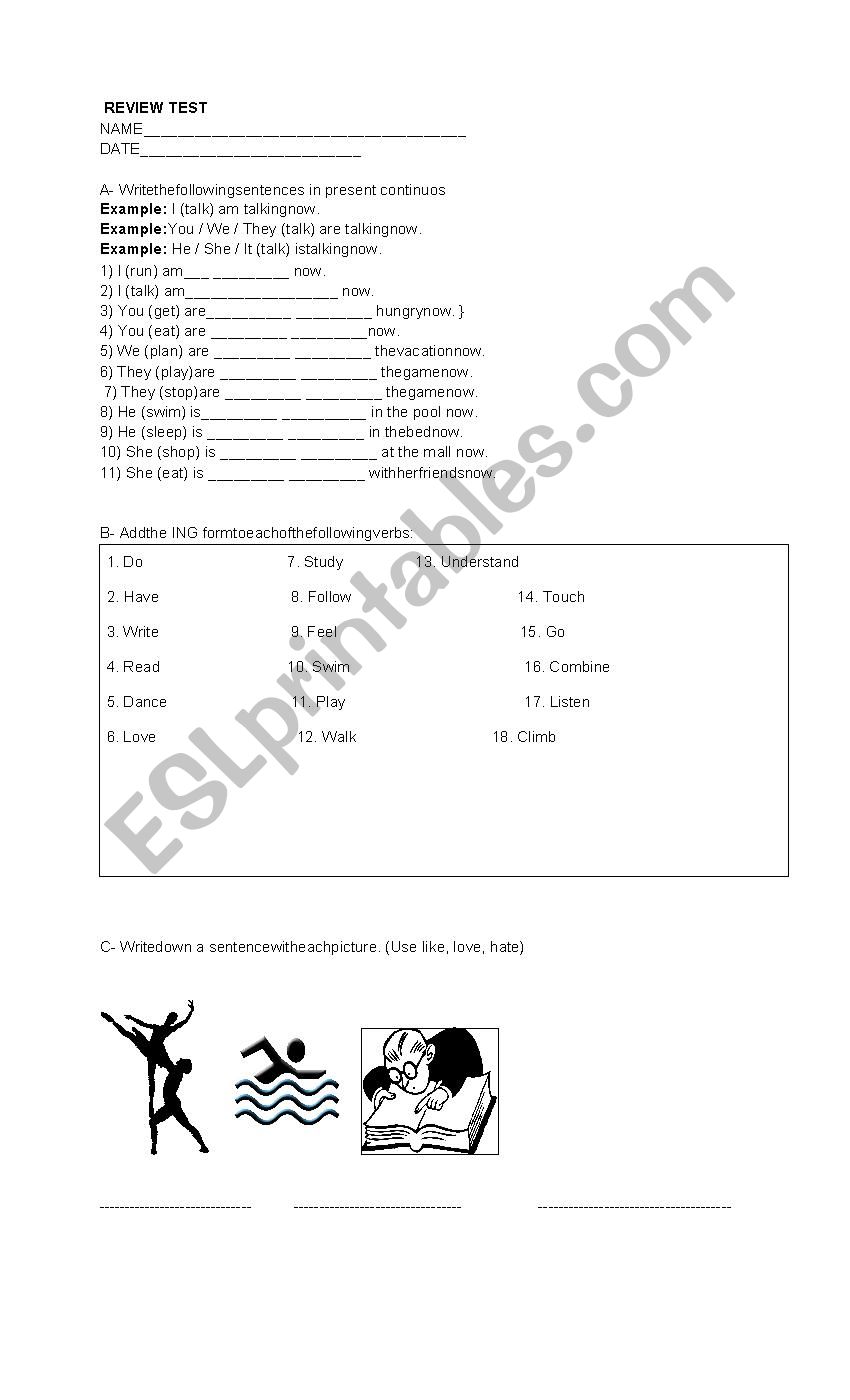 review test, present continuos, likes and dislikes