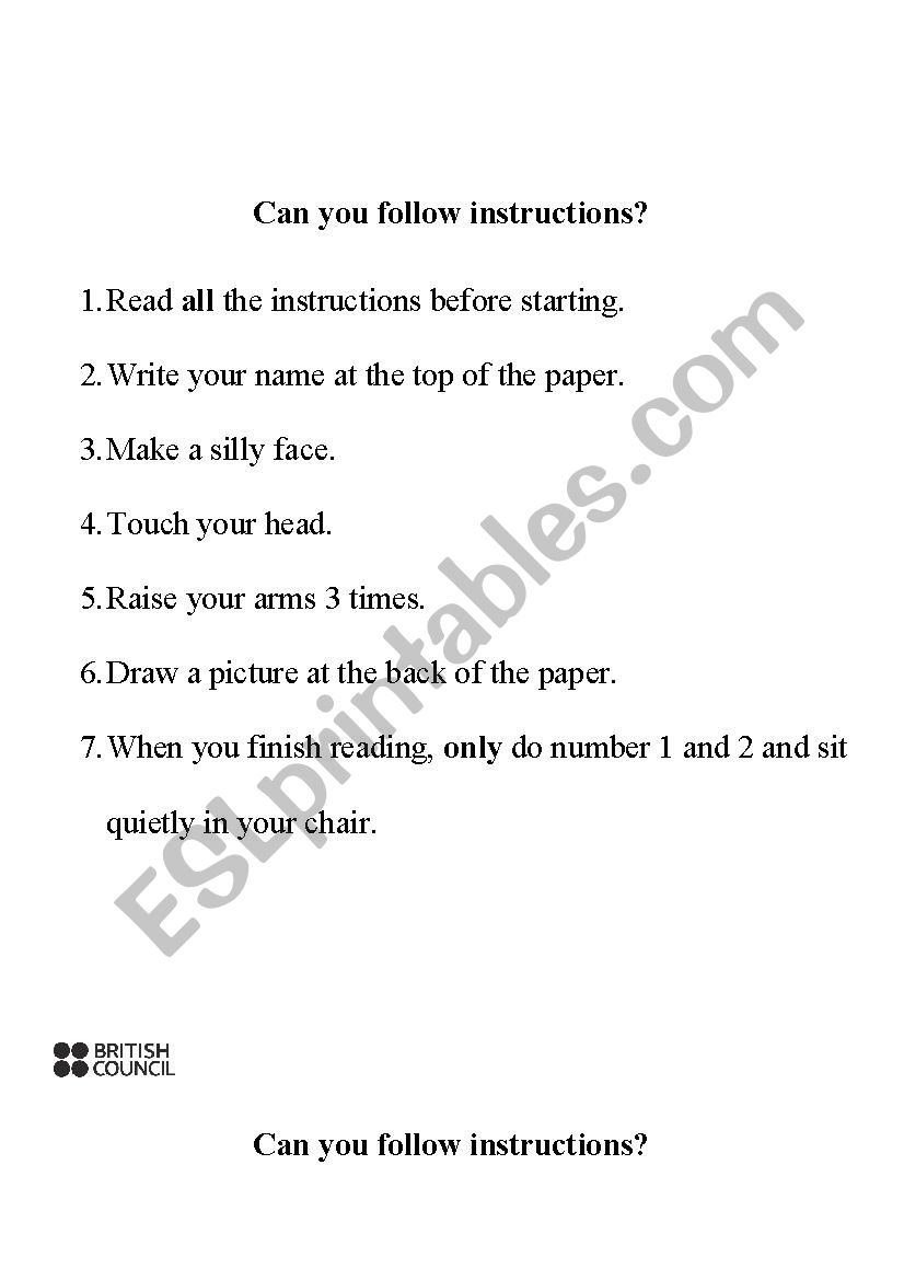 Can you follow instructions?  worksheet