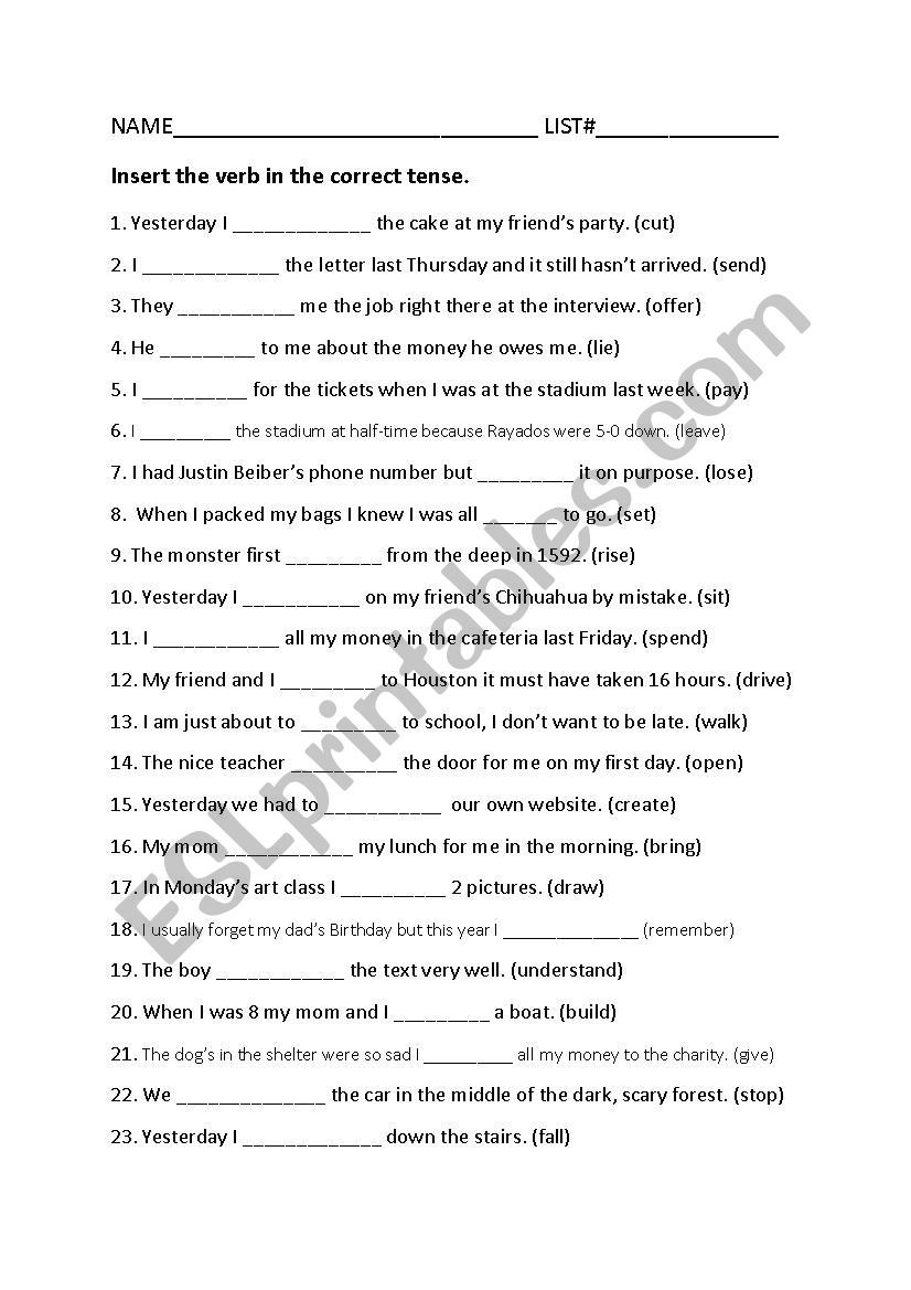 Verbs in Simple Past Worksheet