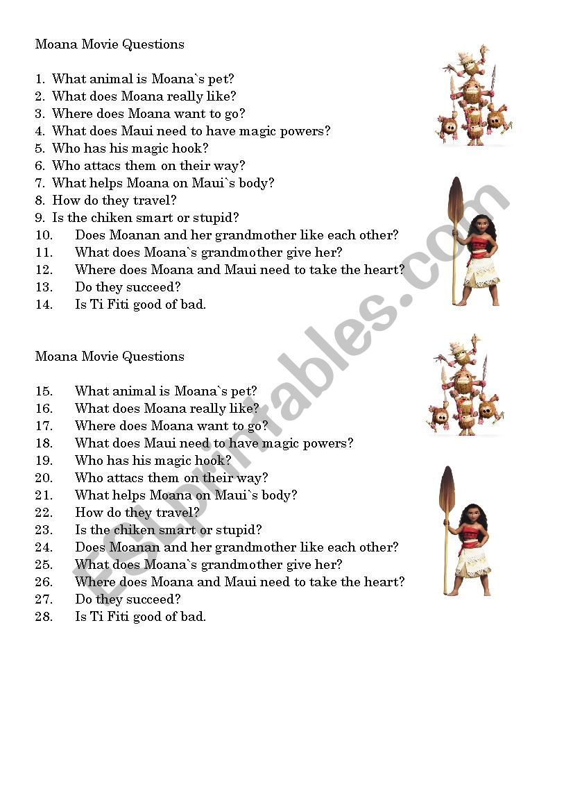 Moana Movie Questions Esl Worksheet By Gyslindaolivier