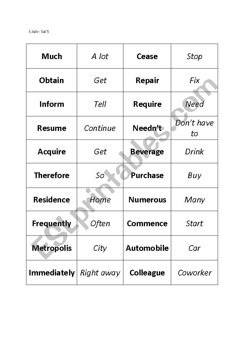 Match- formal/informal words worksheet