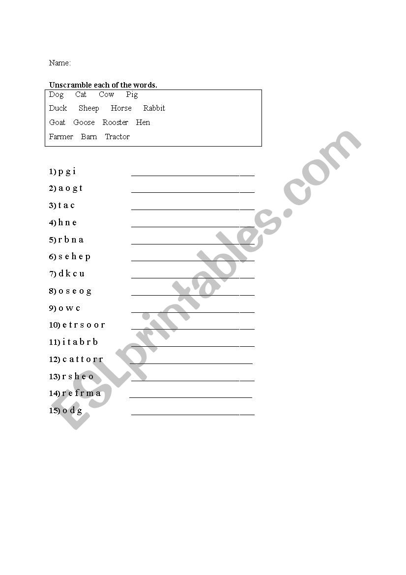 At the Farm Word Unscramble worksheet