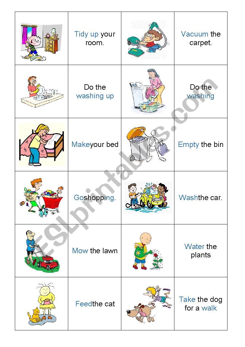 house chores - memory game worksheet