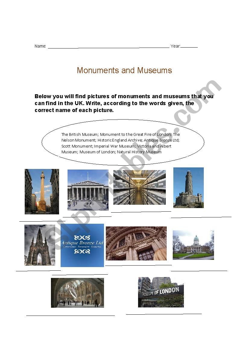 Monuments and museums worksheet