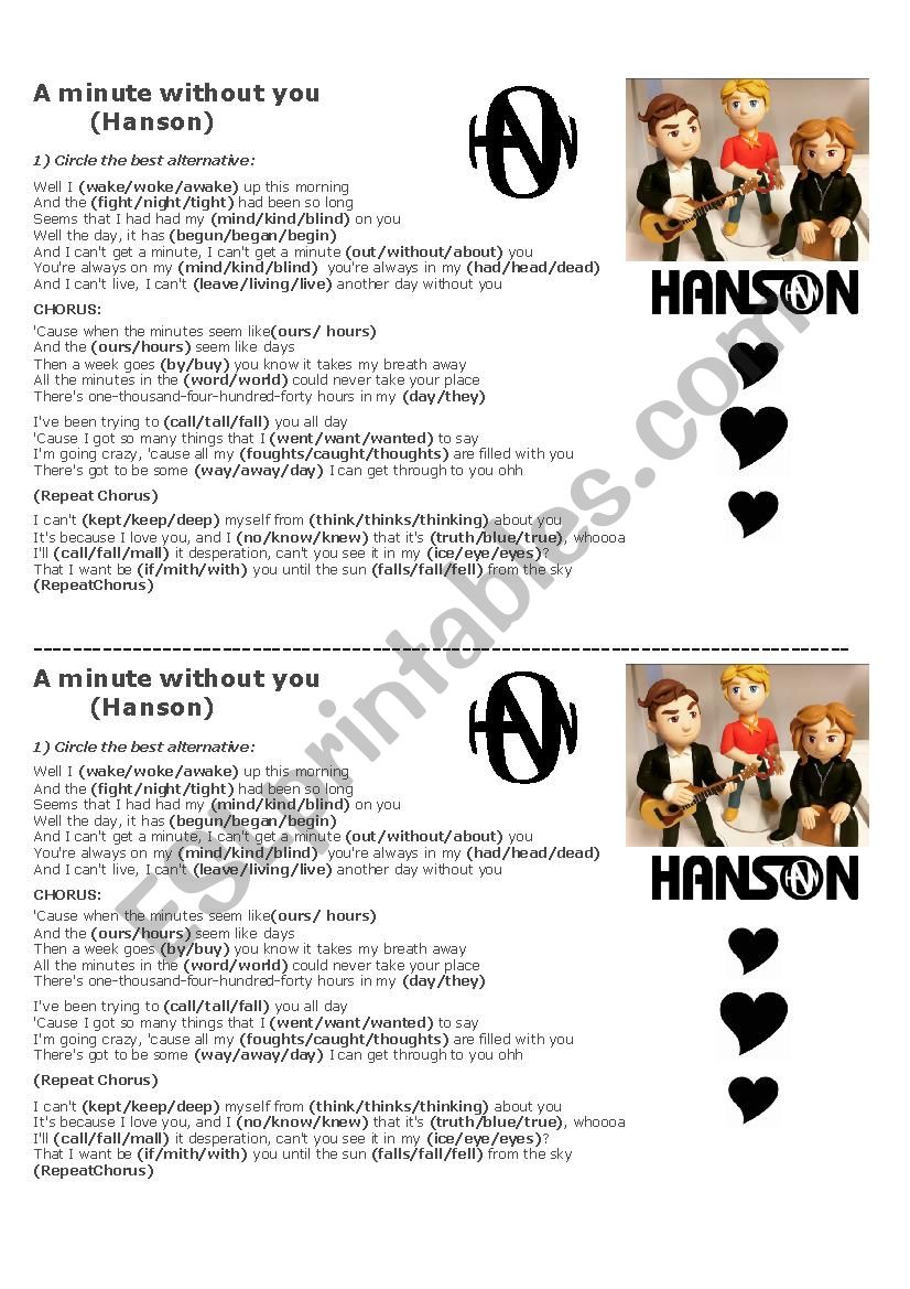 A minute without you Hanson worksheet