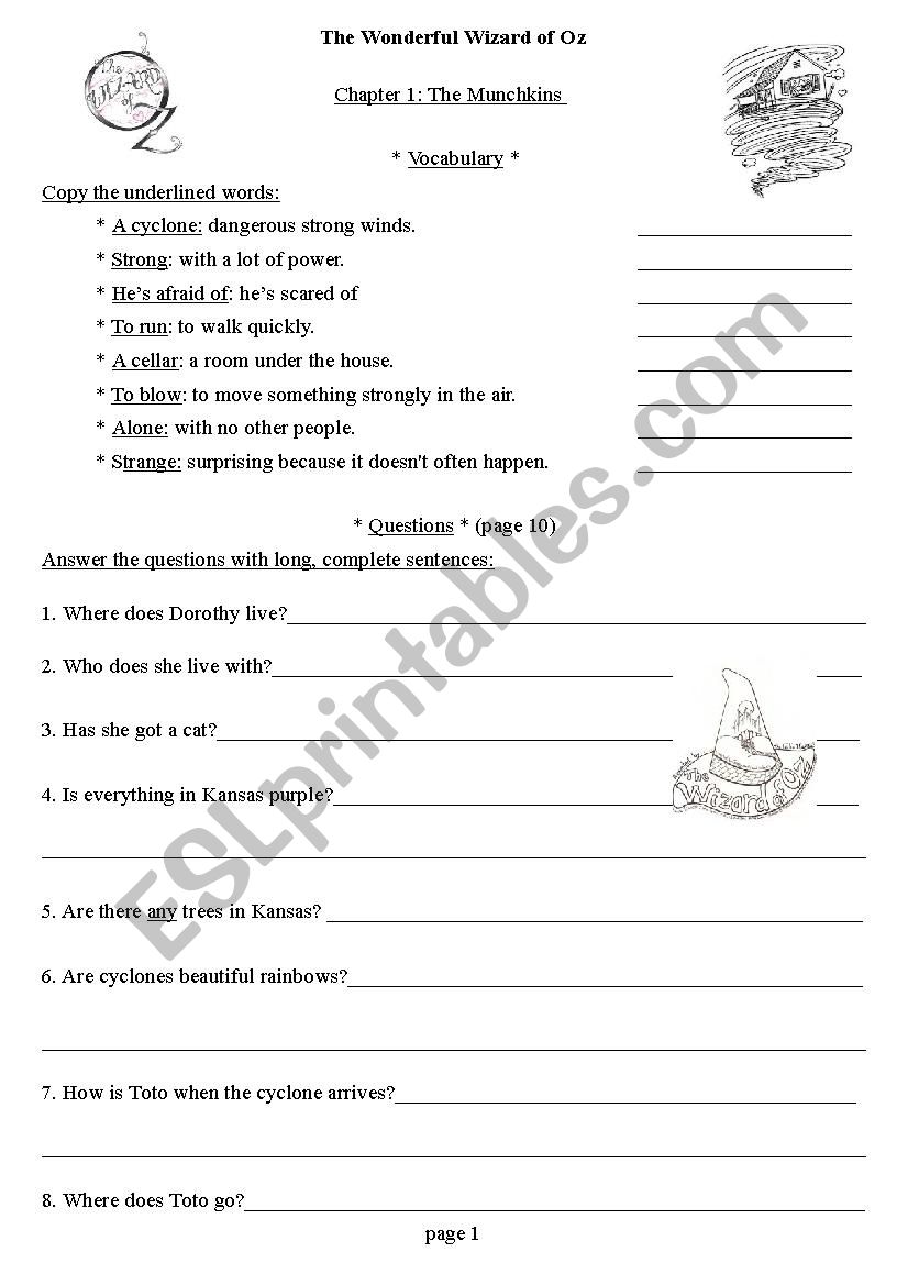 Wizard of Oz  Chapter 1  worksheet