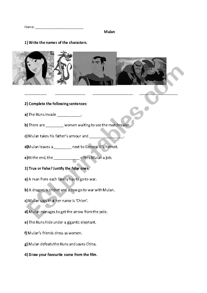 Mulan Movie Worksheet worksheet