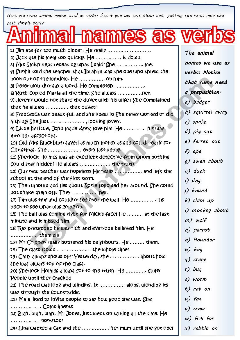 Animal names used as verbs worksheet