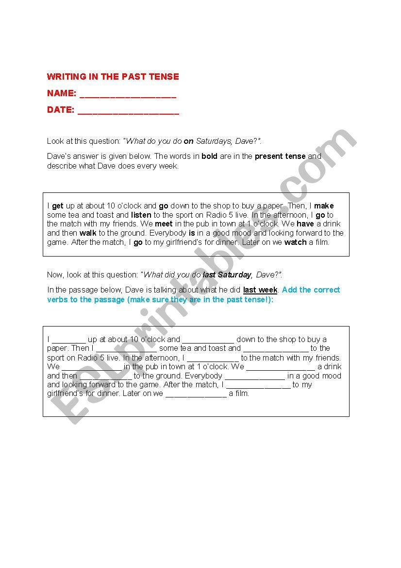 Writing in the past tense worksheet