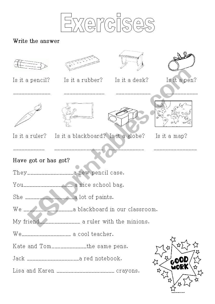 School supplies-exercises worksheet
