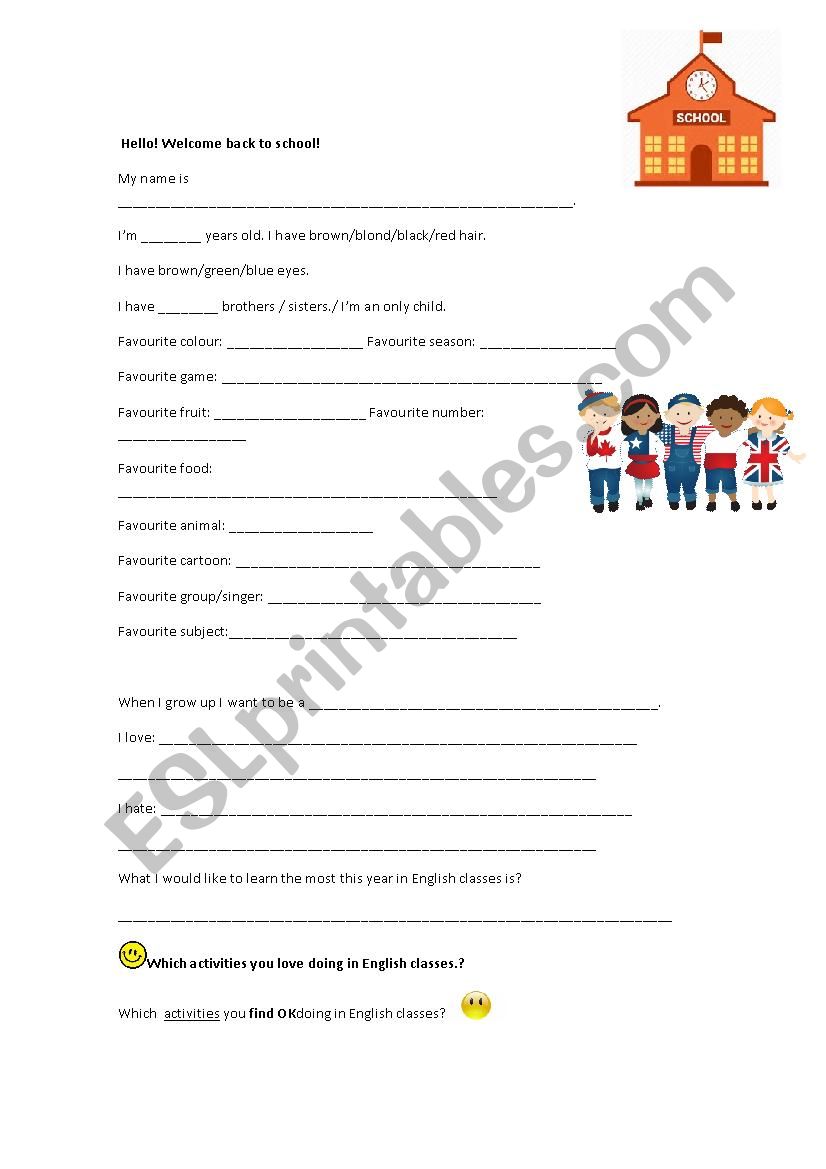 First day personal info. worksheet