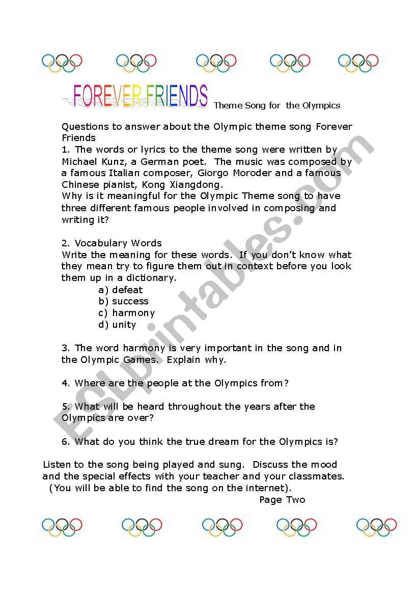OLYMPIC THEME SONG - Questions-Page Two