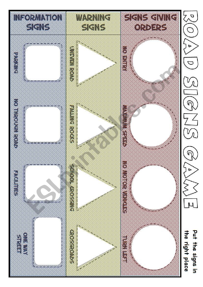 Road signs game worksheet