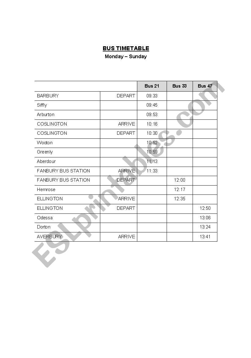 Bus Timetable worksheet