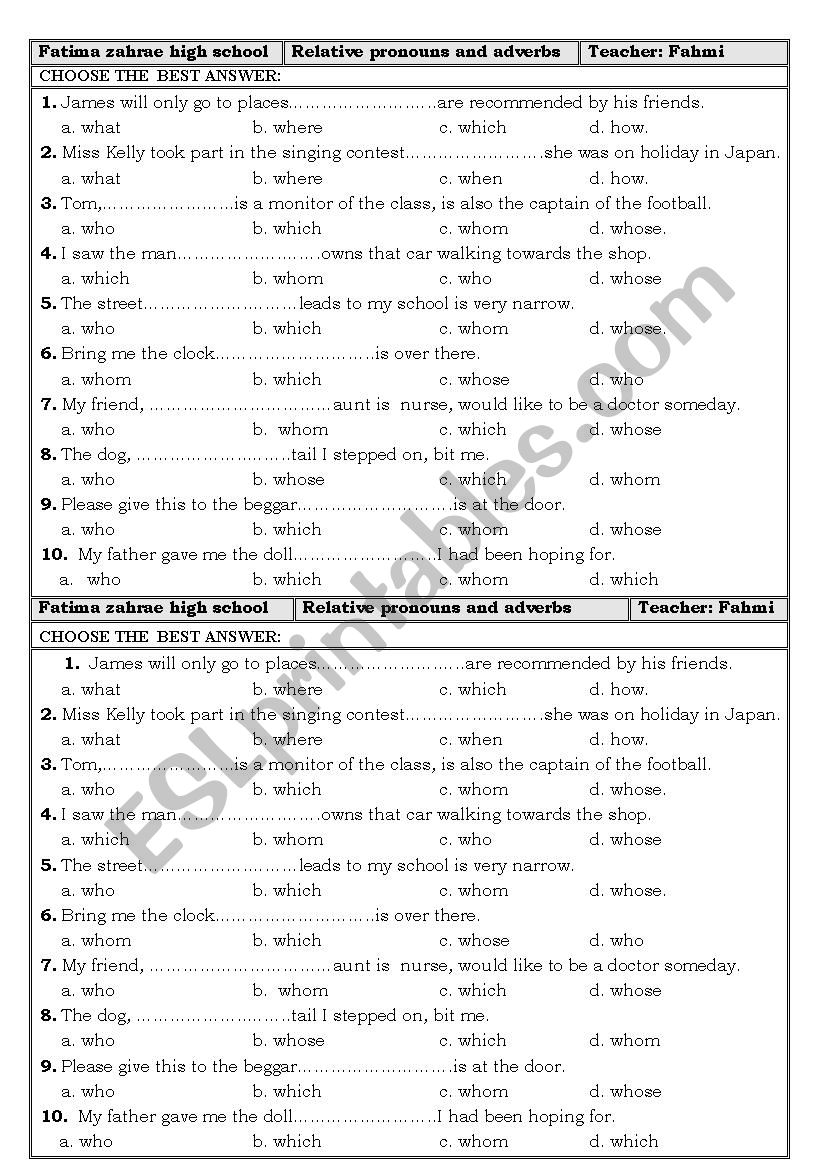 Relative prounous and adverbs worksheet
