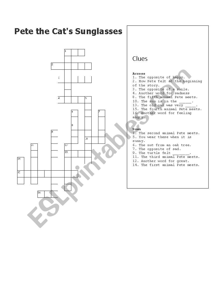 Pete the Cat and His Magic Sunglasses Crossword Puzzle