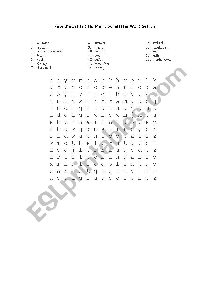 Pete the Cat and His Magic Sunglasses Word Search
