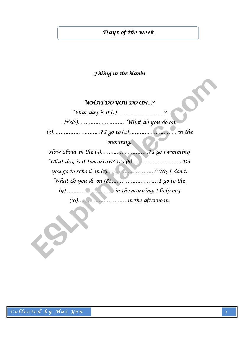 Days of the week worksheet